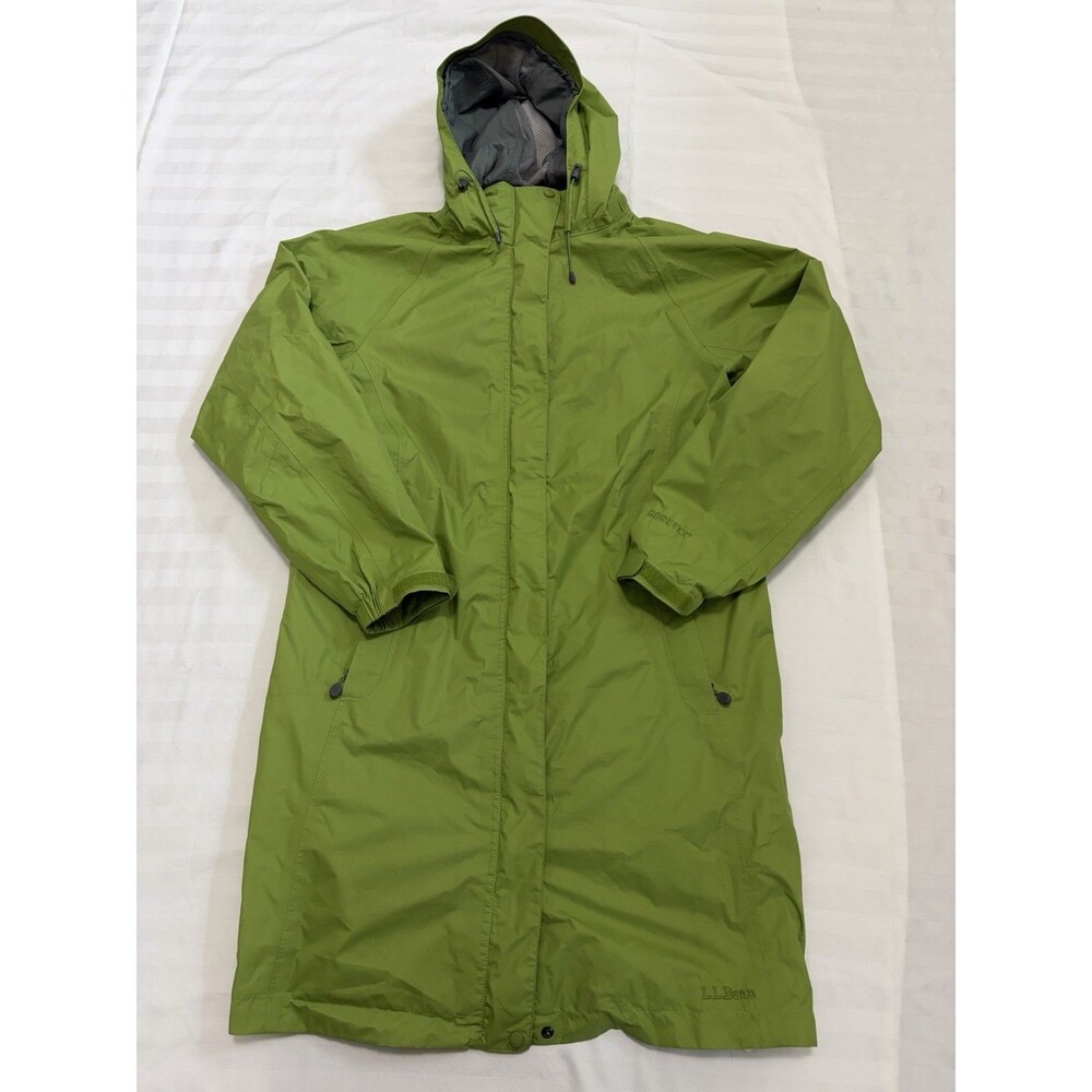 LL Bean Gore-Tex Long Raincoat Womens Small Green Waterproof Hooded Trench